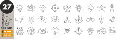 Creativity - editable stroke thin line icons set. Idea, brainstorming, vision, innovation, development, lightbulb, creative meeting, solution, modernization, imagination, vector illustration