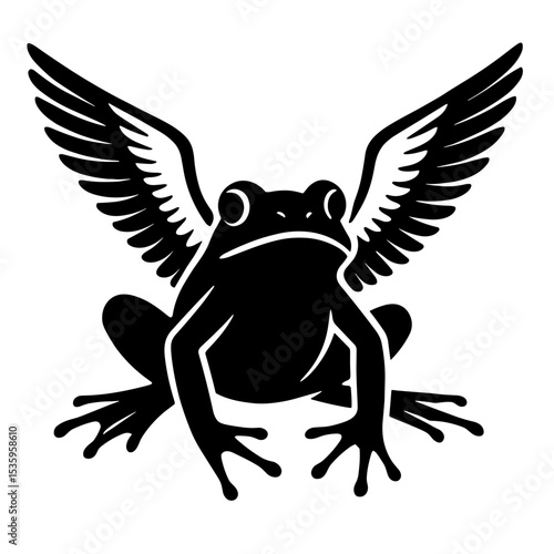 A surreal silhouette of a winged frog, a curious fusion of amphibian and avian elements in a dramatic composition. A stark contrast between the familiar and the fantastical.