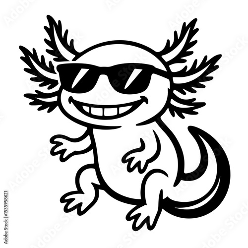 A cool and charming axolotl, sporting fashionable sunglasses, exudes a sense of laid-back style. The image captures the quirky personality of this unique amphibian in a cartoon illustration.