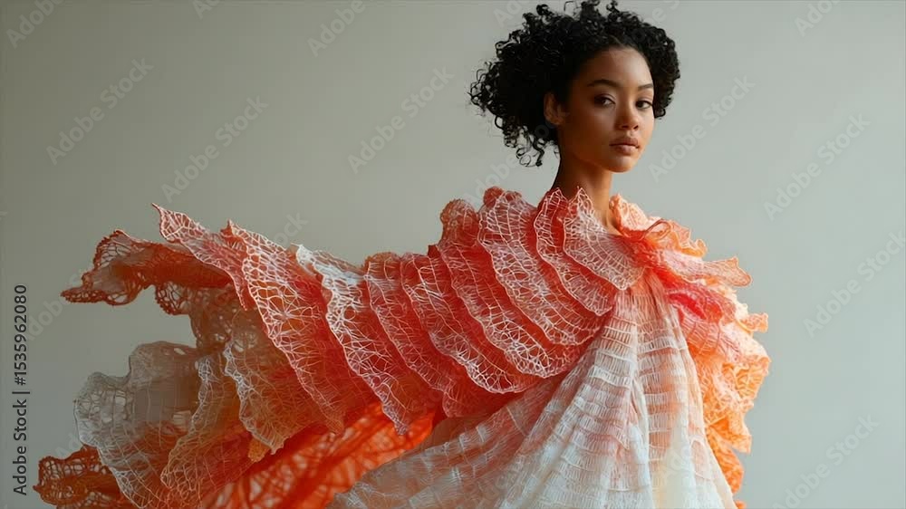 Modern, flowing, coral-hued garment