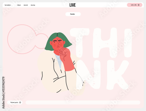 Thinking people, modern flat vector concept illustration- woman standing thoughtfully, looking sideways, bubble near head Metaphor for reflection, analysis, introspection, contemplation, deep thought