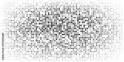 Grunge halftone gradient background. Faded dotted grit noise texture. Black and white rasterized sand wallpaper. Retro pixelated bitmap backdrop.