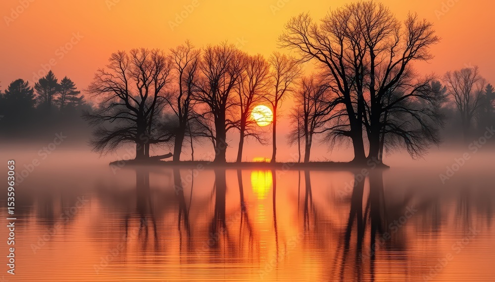Naklejka premium Tranquil sunrise over a misty lake with silhouetted trees