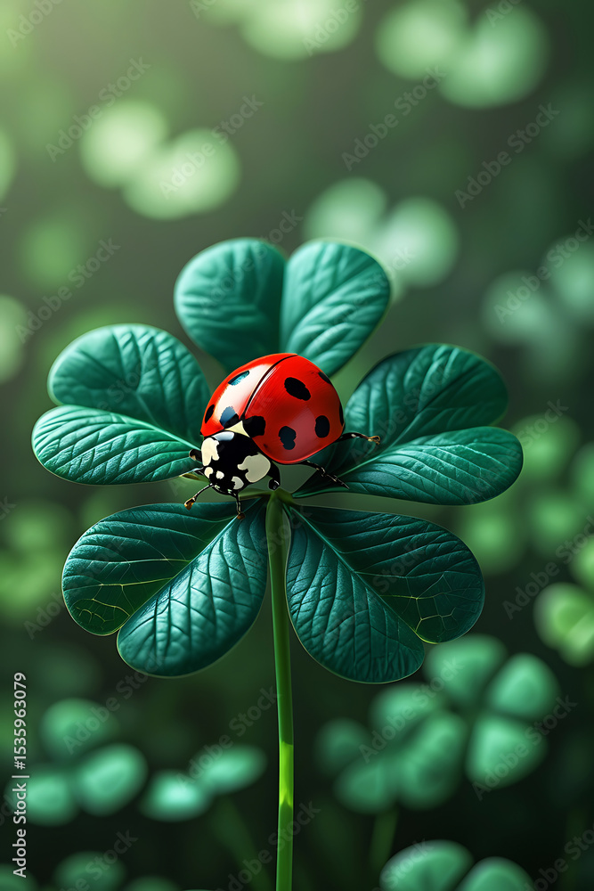 Fototapeta premium Ladybug on four leaf clover in green nature