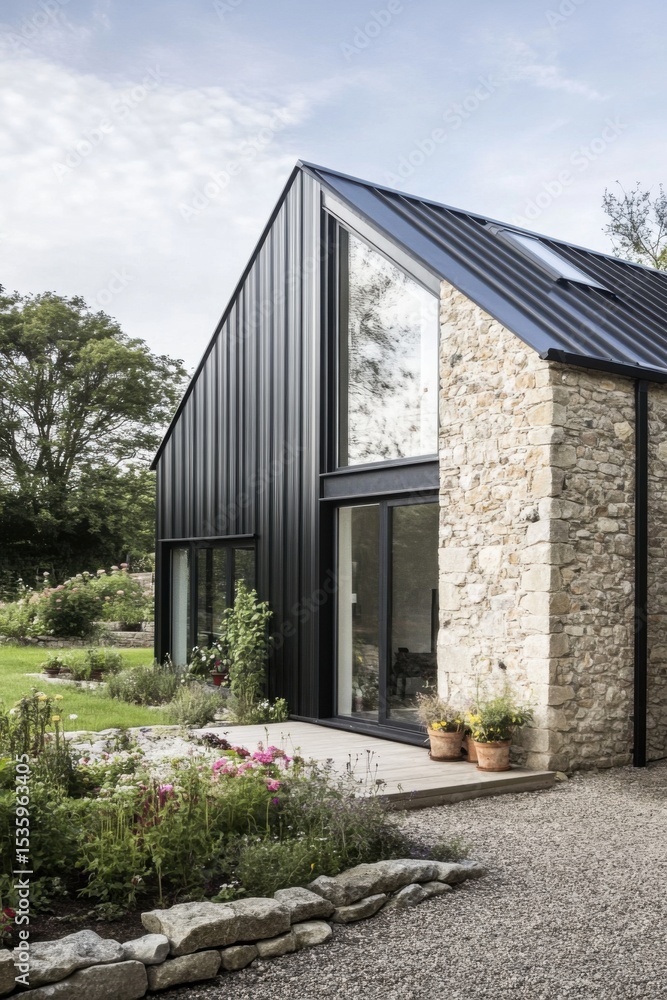 This contemporary house elegantly combines the durability of natural stone with the sleekness of metal design. It is beautifully surrounded by a vibrant, lush garden, creating a striking visual. This contemporary house elegantly combines the durability of natural stone with the sleekness of metal design. It is beautifully surrounded by a vibrant, lush garden, creating a striking visual.