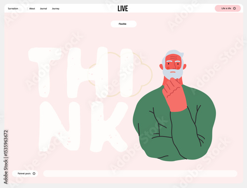 Thinking people, modern flat vector concept illustration- man standing thoughtfully, looking forward, bubble near his head Metaphor for reflection, analysis, introspection, contemplation, deep thought