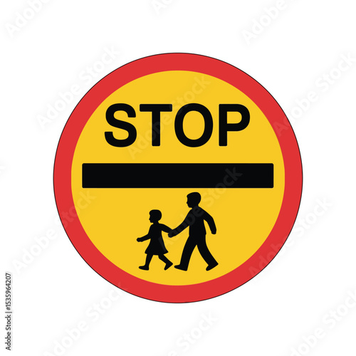 Stop Children Crossing Sign: Circular Traffic Symbol with Red Border
