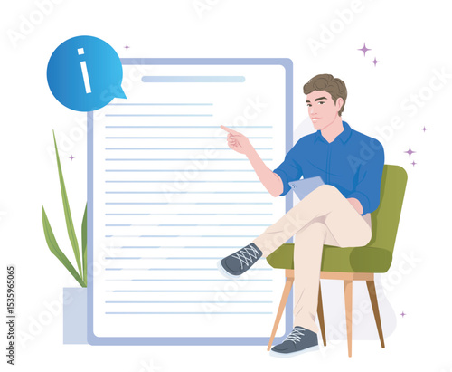 A man sitting on a green chair pointing at a large document with an info icon, flat graphic style, white background. Concept of document explanation. Vector illustration