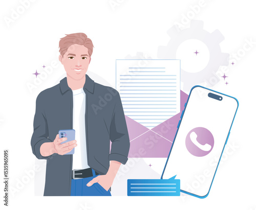 Young man holding smartphone with message, email, and call symbols around him, flat style, white background. Concept of modern digital communication. Vector illustration