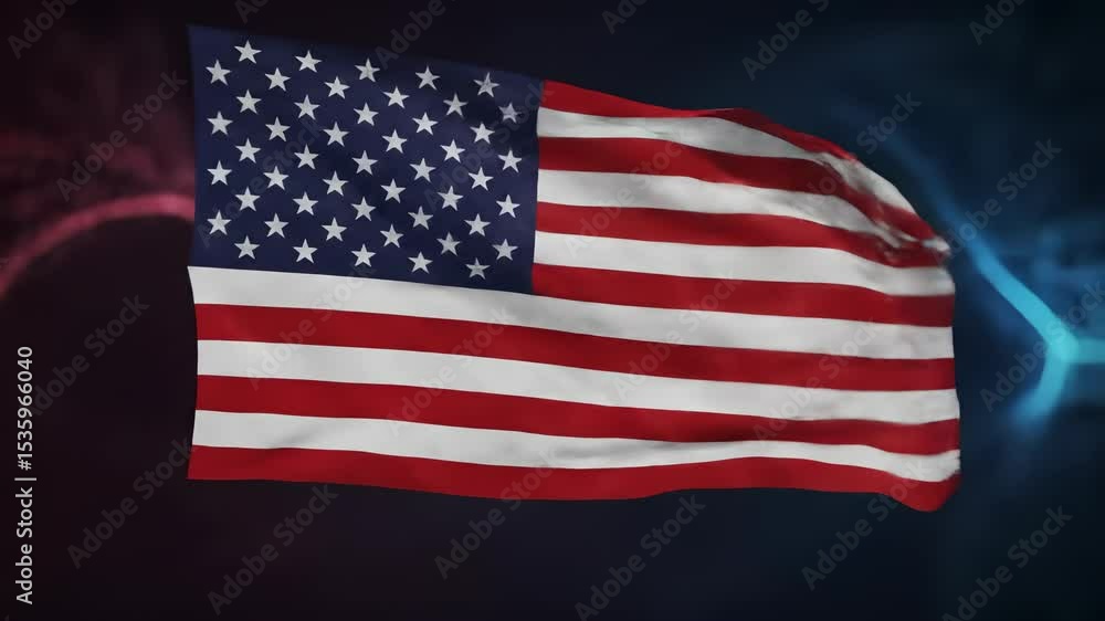 American Flag proudly waving against a dark, dynamic patriotic background with abstract red and blue light effects, symbolizing national pride and freedom. American Flag proudly waving against a dark, dynamic patriotic background with abstract red and blue light effects, symbolizing national pride and freedom.