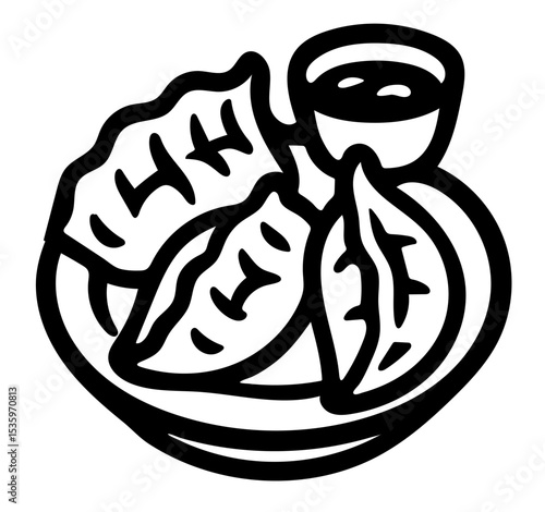 A plate of gyoza dumplings with sauce