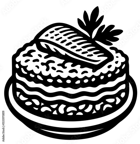 A black and white drawing of a cake with a piece of fish on top