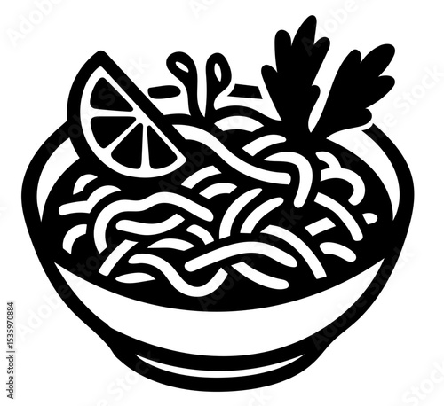 A bowl of pad thai with a slice of lemon on top