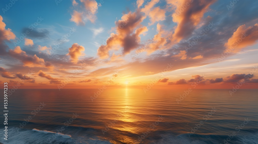 Fototapeta premium Stunning sunrise over the ocean coastal landscape nature photography tranquil environment wide-angle view golden rays