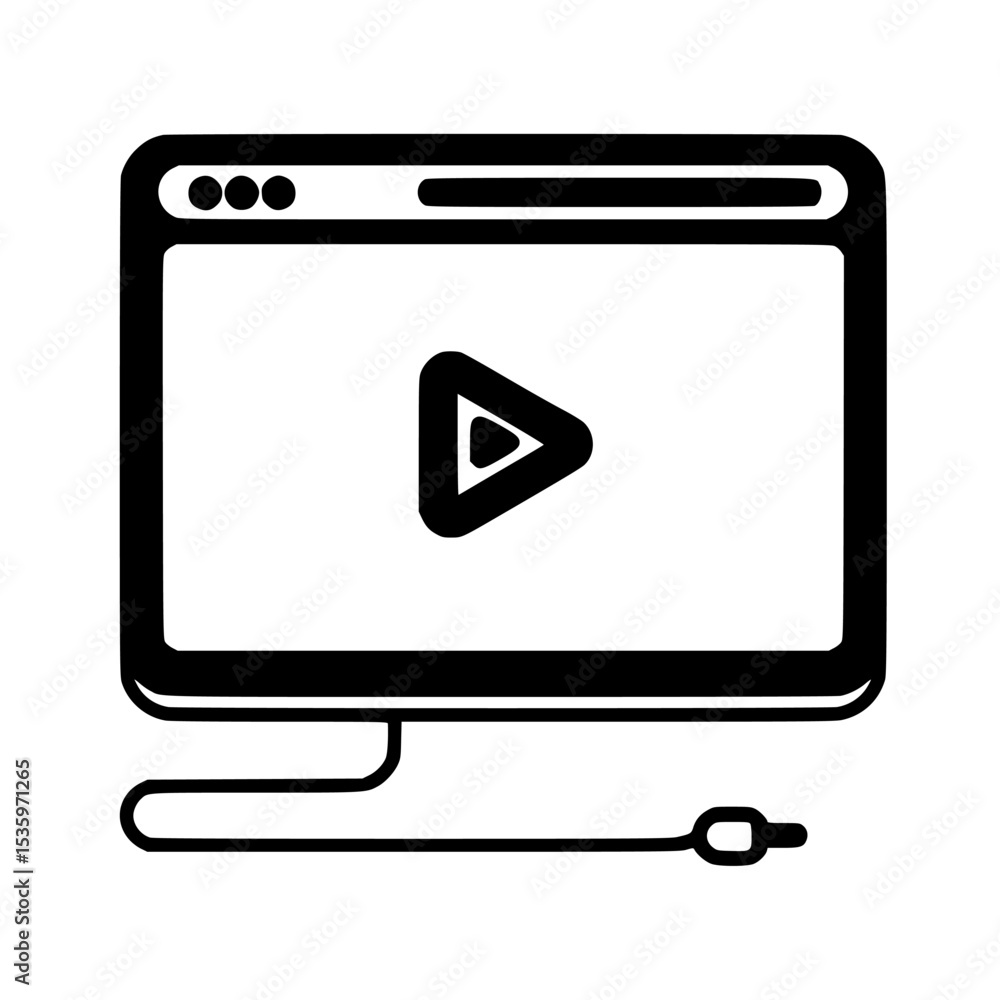 Computer screen displaying a play button icon, connected with a cable. Computer screen displaying a play button icon, connected with a cable.