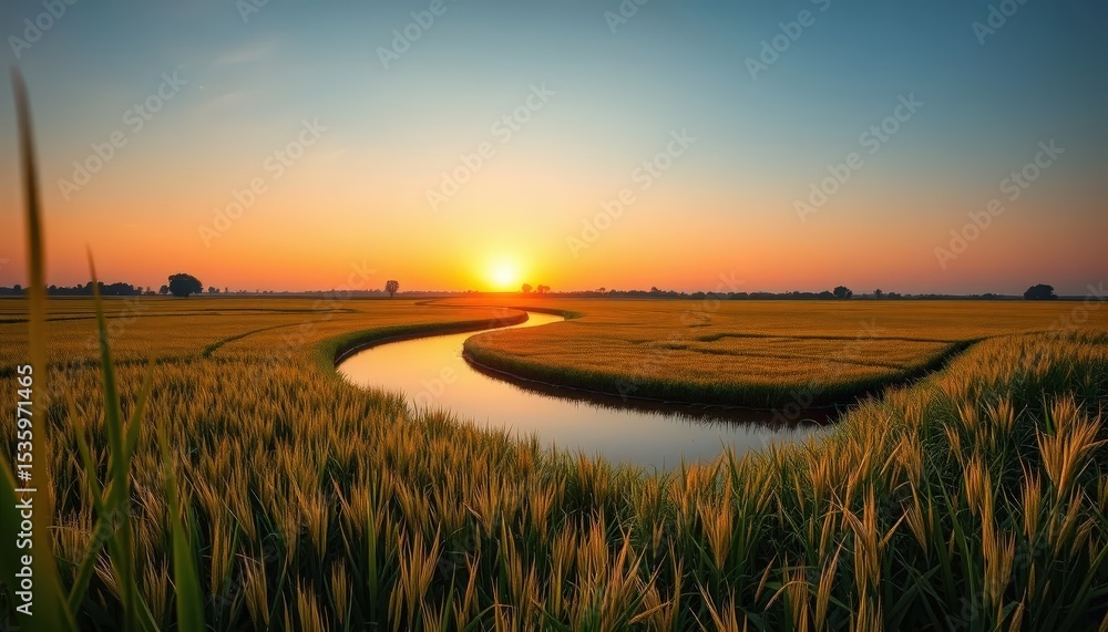 Fototapeta premium a winding river through golden rice fields at sunset