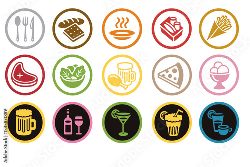Colorful round food and drink icons set including pizza, steak, beer and cocktails in flat style on white background for menu or food court design