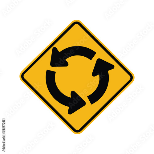 Roundabout Ahead Sign: Yellow Diamond Traffic Warning with Circular Arrows