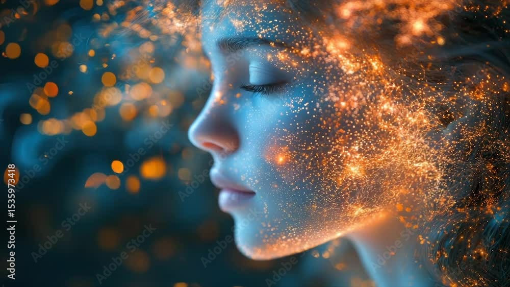 Close-up portrait of a serene woman, face adorned with fiery sparks, suggestive of inner light or passion Close-up portrait of a serene woman, face adorned with fiery sparks, suggestive of inner light or passion