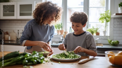 Cooking together a single mom and her teenage son prepare dinner at home family bonding cozy kitchen joyful moments
