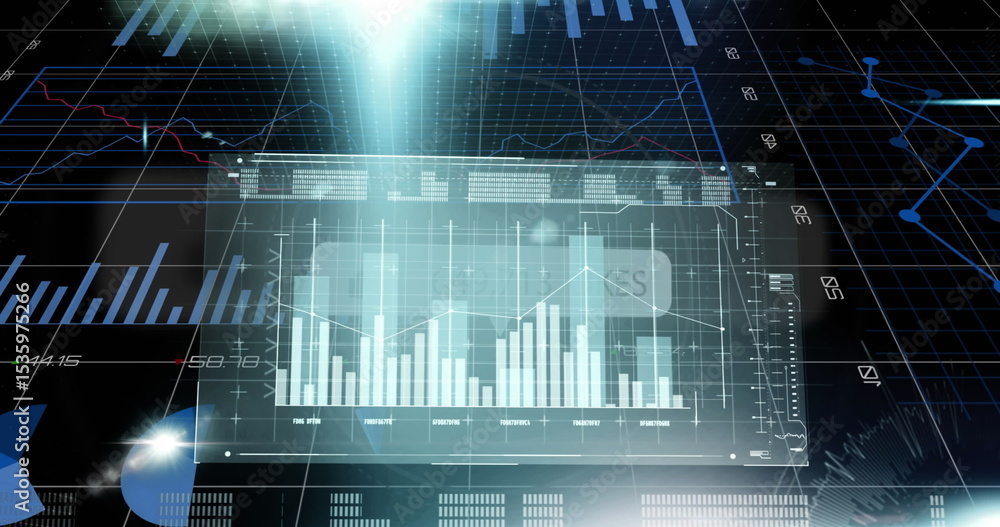 Fototapeta premium Displaying holographic data panel floating in digital space, with vertical bar chart and light beam