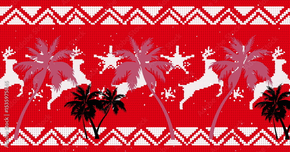 Obraz premium Black palm silhouettes contrasting in red abstract textile pattern, reindeer and star motifs