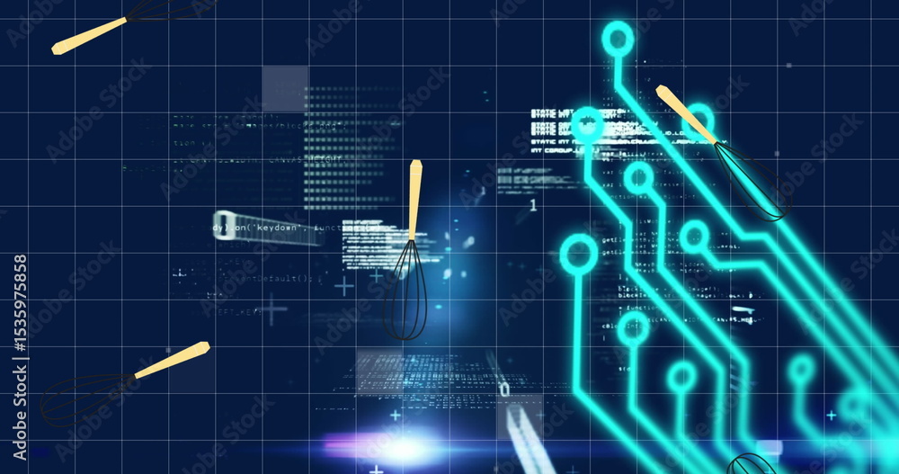 Naklejka premium Rising neon turquoise circuit pattern on grid, with floating whisks and code fragments, copy space