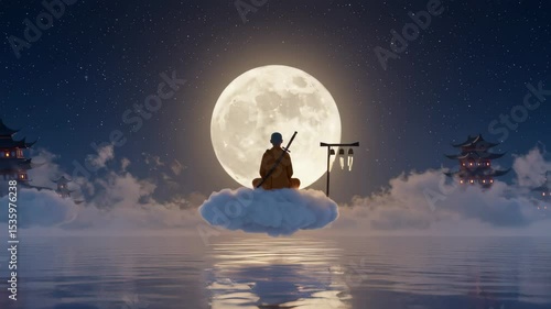 Wallpaper Mural Monk Meditating on a Cloud Under a Full Moon Torontodigital.ca