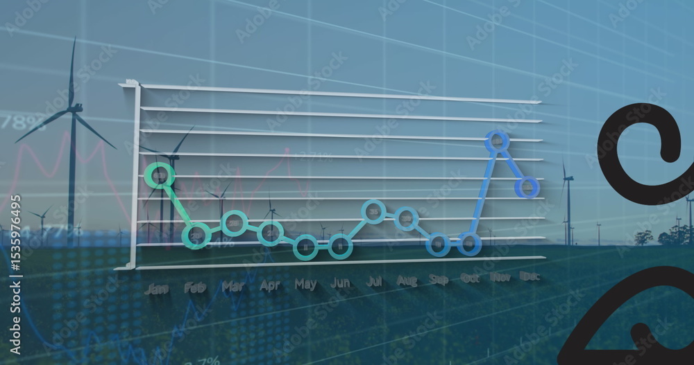 Obraz premium Displaying composite 3D line graph overlaying wind turbine farm, with colored monthly data nodes