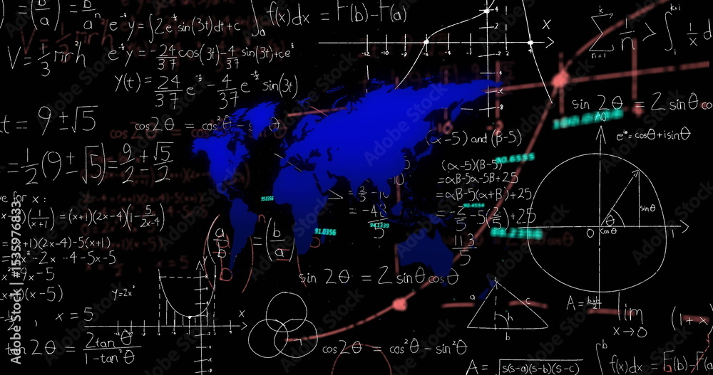 Naklejka premium Displaying blue world map silhouette on digital board, showing handwritten equations and graphs