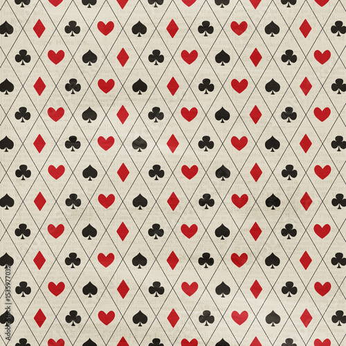 Seamless colorful geometric playing cards suits pattern. Abstract geometric repeating poker card casino background.