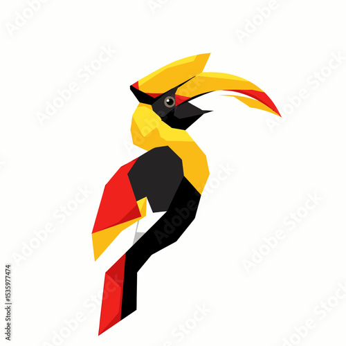 Geometric Yellow Bird with Red and Black Accents Abstract Avian Design