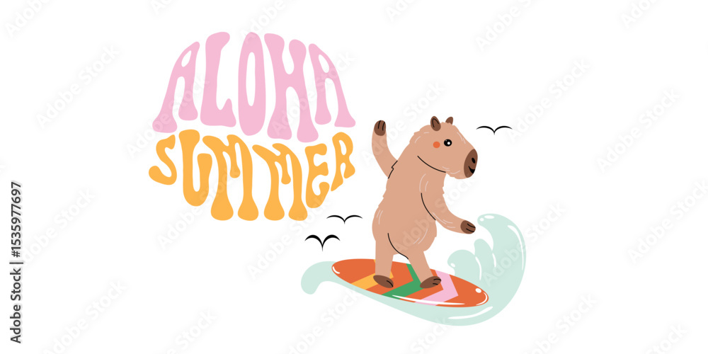Naklejka premium Aloha Summer print with capybara surfing in sea. Vector cartoon flat character.