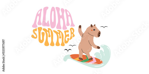 Aloha Summer print with capybara surfing in sea. Vector cartoon flat character.