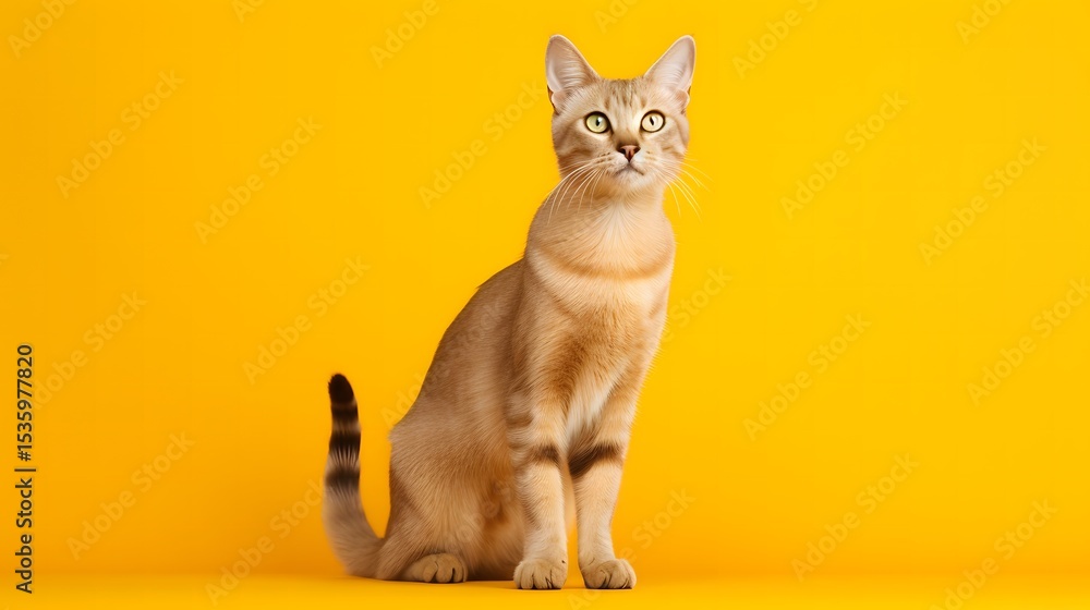 Obraz premium Confident singapura cat posing elegantly on bright yellow background studio photography animal portrait creative environment