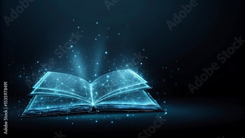 Glowing open book with blue light and particles floating in a dark background scene