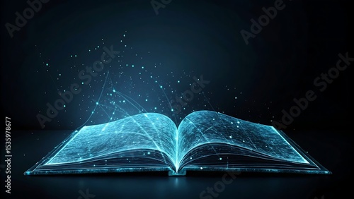 An open book with glowing blue lines and dots floating above it on a dark background