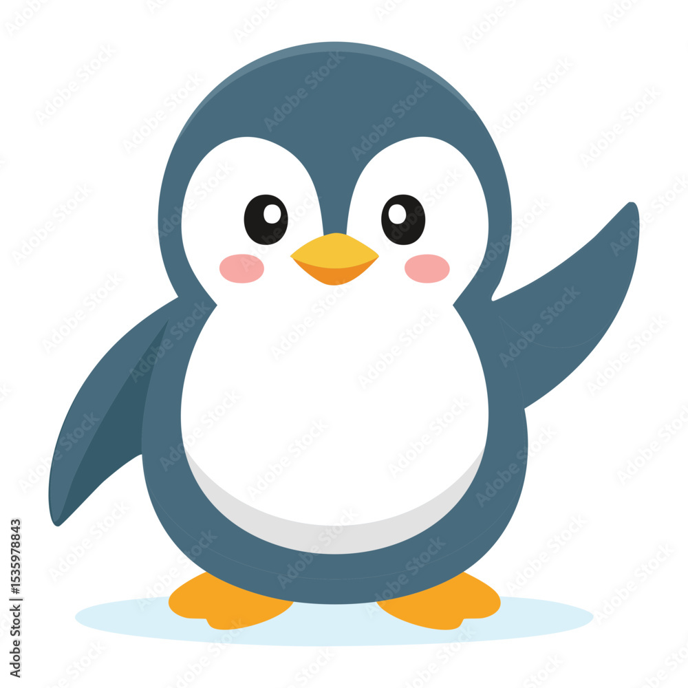 Fototapeta premium A charming penguin waving hello, isolated on a clean background. The penguin's design is simplistic and cute, creating a friendly atmosphere