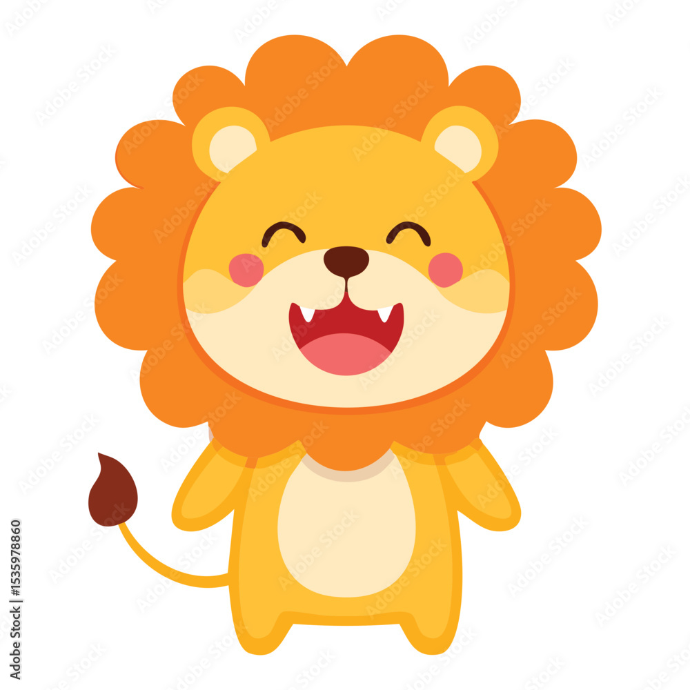 Obraz premium A cheerful cartoon lion with a big smile and fluffy mane. The friendly lion has a happy expression on its face. 