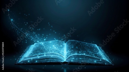 Open book emitting glowing blue particles against a dark background with light trails