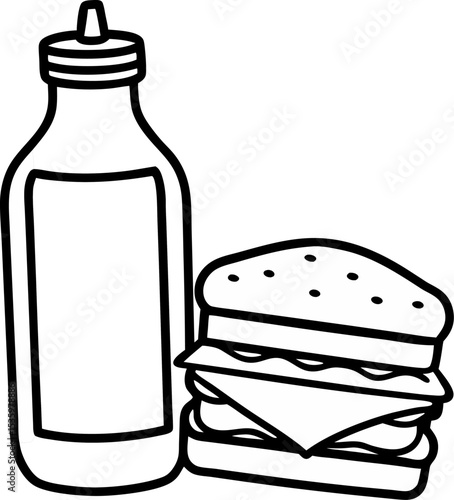 A minimalist illustration of a ketchup bottle and a sandwich offering a simple outline design for various applications