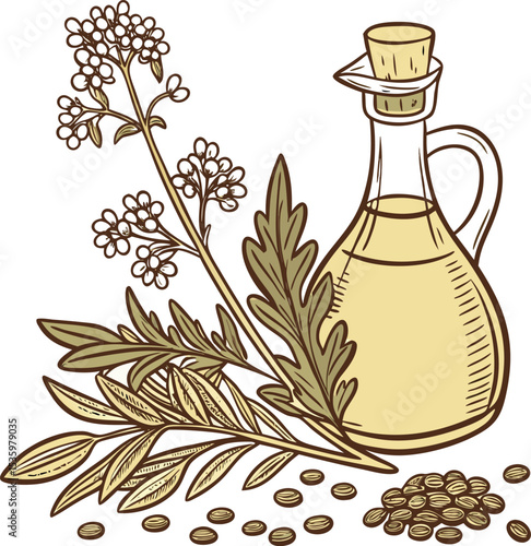 Detailed illustration of rapeseed plants and seeds with a glass bottle of oil representing healthy cooking components