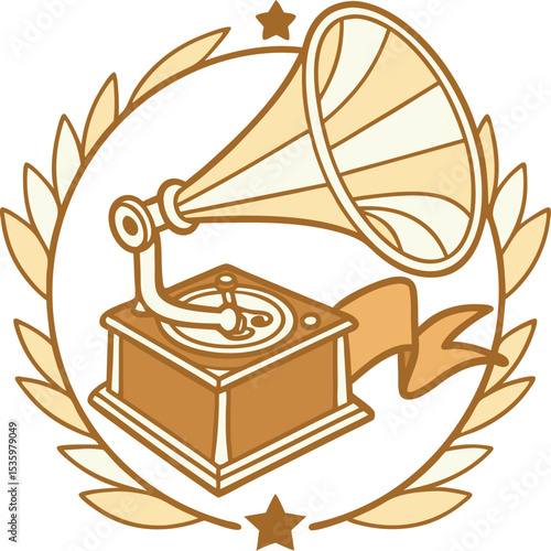 Elegant vintage gramophone illustration inside a laurel wreath with stars and banner ideal for design usage