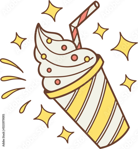 Illustrated cartoon image of a delicious ice cream soda in a striped cup with decorative starbursts.