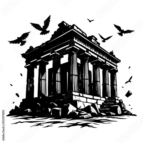 
A decaying classical temple, its columns and structure crumbling into rubble, surrounded by soaring birds.