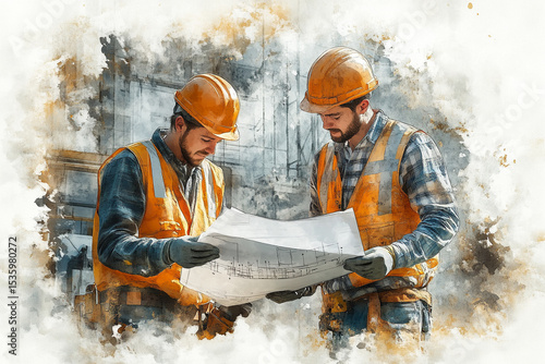 Two Construction Workers Reviewing Building Blueprints at a Construction Site Painting Style Illustration