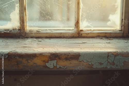 Highly realistic macro of cracked and peeling lead paint on an old wooden windowsill with fine dust particles and textured surface – environmental health and housing safety visual detail
