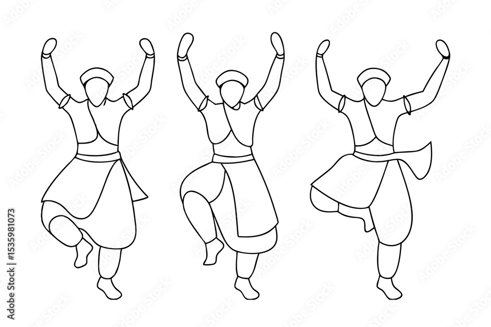 Three men performing energetic traditional dance continuous line art Three men performing energetic traditional dance continuous line art