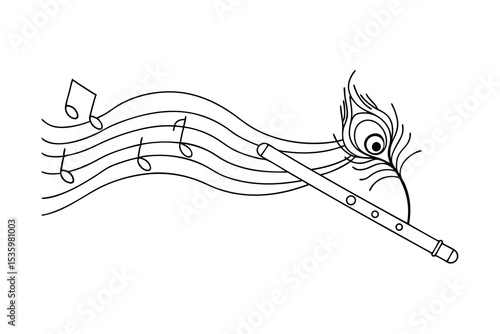 Continuous line art krishna flute peacock feather music notes