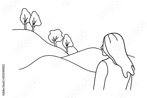 Woman admiring rolling hills continuous line art drawing
